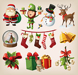 Set of colorful christmas characters and decorations