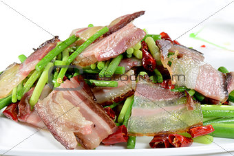 Chinese Food: Fried bacon with vegetable