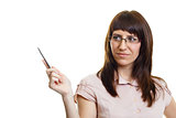young attractive girl with glasses with a pointer