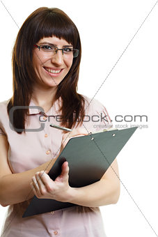 young beautiful woman in glasses with a pen and documents