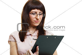 young beautiful woman in glasses with a pen and documents