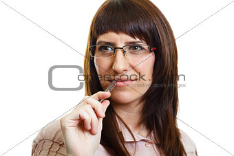 Young pensive girl in glasses on a white background