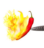 red pepper in flames isolated on white background