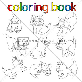 Set of nine playful kittens for coloring book 