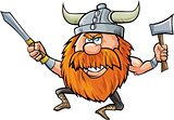 Jumping cartoon viking with sword and axe