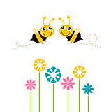Cute beautiful bees with colorful flowers isolated on white