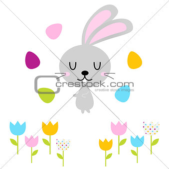 Cute easter bunny with eggs isolated on white
