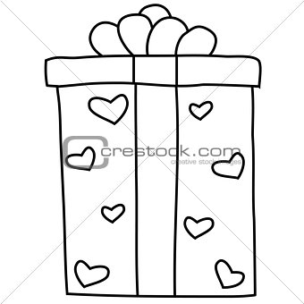Black and white outlined illustration of gift box