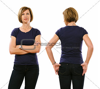 Woman in her forties wearing blank purple shirt