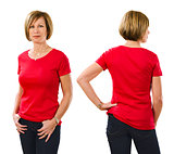 Woman in her forties wearing blank red shirt