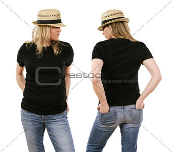 Woman in her forties wearing blank black shirt