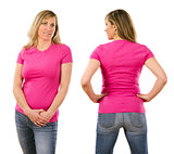 Woman in her forties wearing blank pink shirt