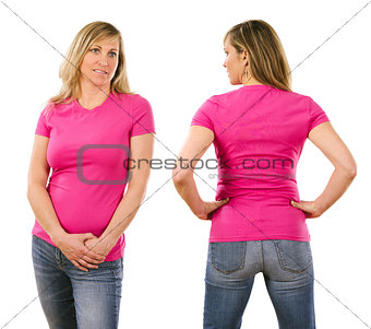 Woman in her forties wearing blank pink shirt