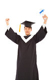  asian happy graduating student raise hand with diploma