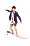 businessman practice surfing pose