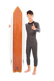 surfer man holding a surfboard and thumb up
