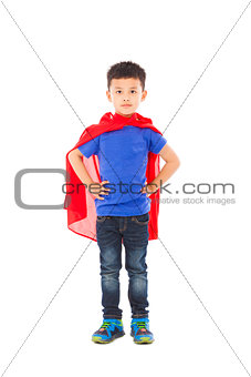smiling Superhero kid standing over white background