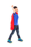 happy superhero kid imitate flying pose