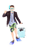 funny businessman put on scuba gear and holding a baggage