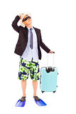businessman holding a baggage and look up