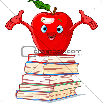 Apple character on pile of books