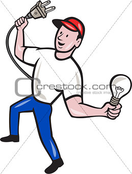 Electrician Hold Electric Plug and Bulb Cartoon