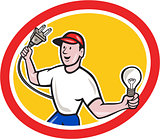 Electrician Holding Electric Plug and Bulb Cartoon
