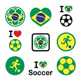 Brazilian flag, football or soccer ball icons set