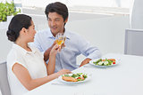 Happy couple having a meal with white wine