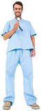 Handsome surgeon in blue scrubs using stethoscope