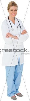 Blonde doctor in lab coat with arms crossed