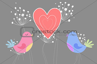 Love birds with heart and dandelions