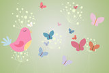 Pink bird with heart and dandelions