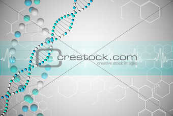 DNA helix in blue with chemical structures