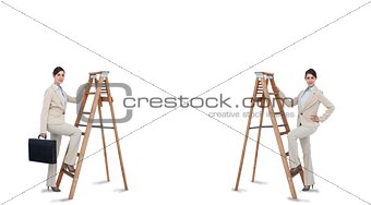 Multiple image of businesswoman climbing ladder