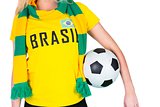 Football fan in brasil tshirt holding ball