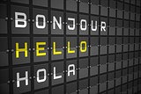 Hello in languages on black mechanical board