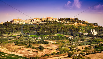 View of Montepulciano town and wine country landscape