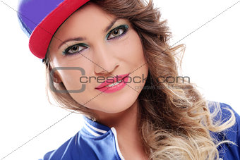 Beautiful colored girl with curls wearing a cap