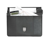Open black briefcase and business objects