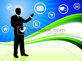 Businessman on Abstract Wave Background with Internet Icons