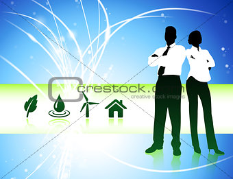 Business Couple on Abstract Light Background with Nature Icons