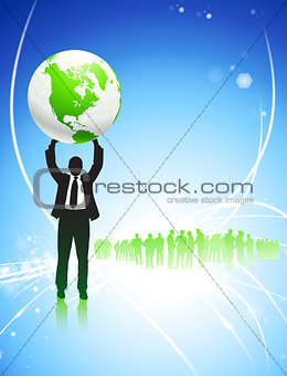 Businessman Holding up Globe on Internet Background