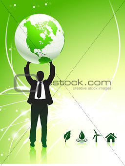Businessman Holding up Globe on Internet Background