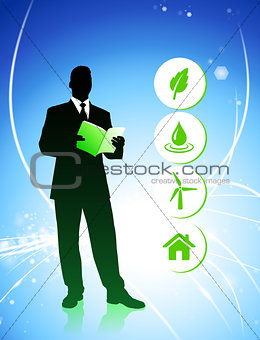 Businessman on Abstract Background with Nature Icons