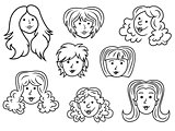 Set of eight cartoon women contour faces