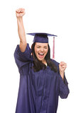 Excited Mixed Race Graduate in Cap and Gown Cheering