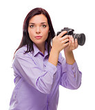 Attractive Mixed Race Young woman With DSLR Camera on White
