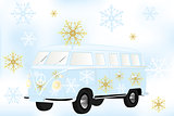Retro van with white and golden snow flakes - Stock Illustration
