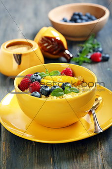 Bowl of porridge, fruit and berries.